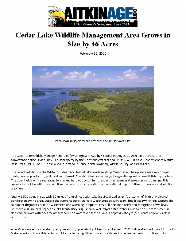 Cedar Lake WMA, Aitkin Independent Age Northern Waters Land Trust